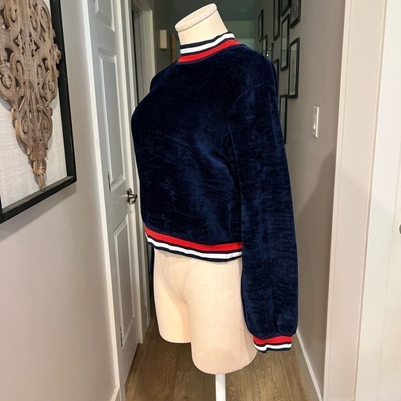 J.O.A. Navy with red and white trim short chenille sweater - Picture 9 of 14